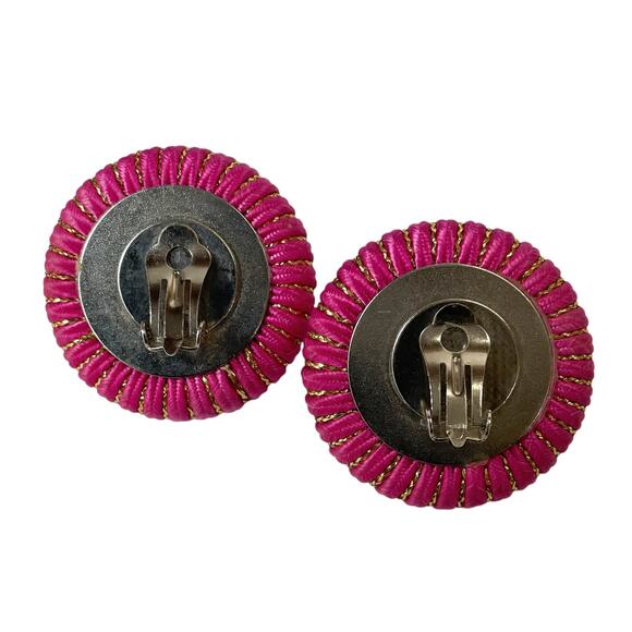 1980s Two Sisters Fabric Works Pink Fabric Lucite Cabochons Button Clip Earrings - Picture 3 of 4